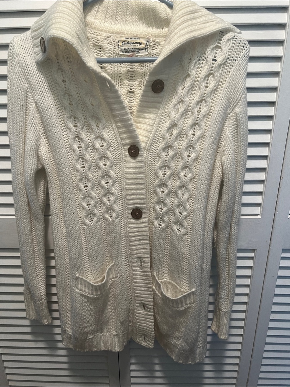 #3221*”18x 33” Cream Cable-Knit Button-Up Women's Sweater Cardigan - Picture 4 of 17